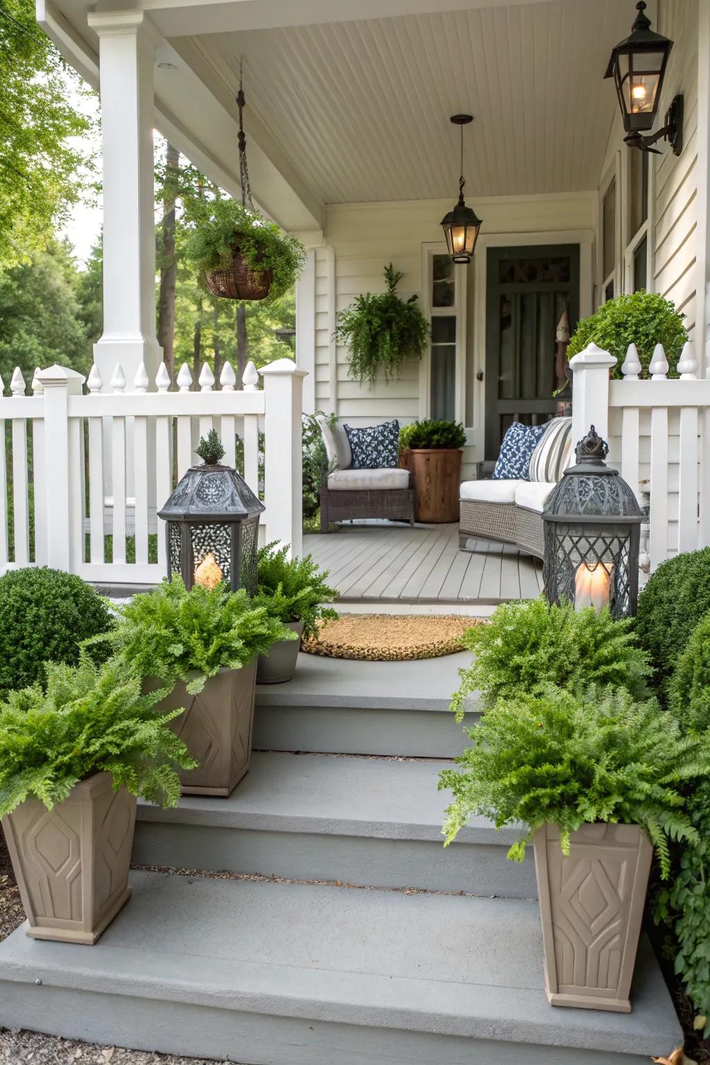 Symmetrical arrangements adding harmony to the porch.