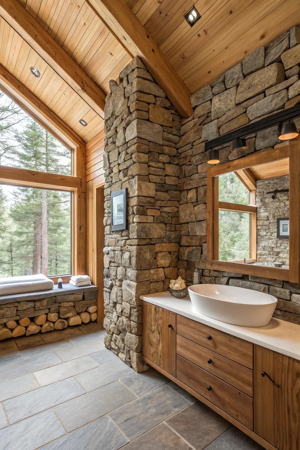 Natural harmony with stacked stone and wood.