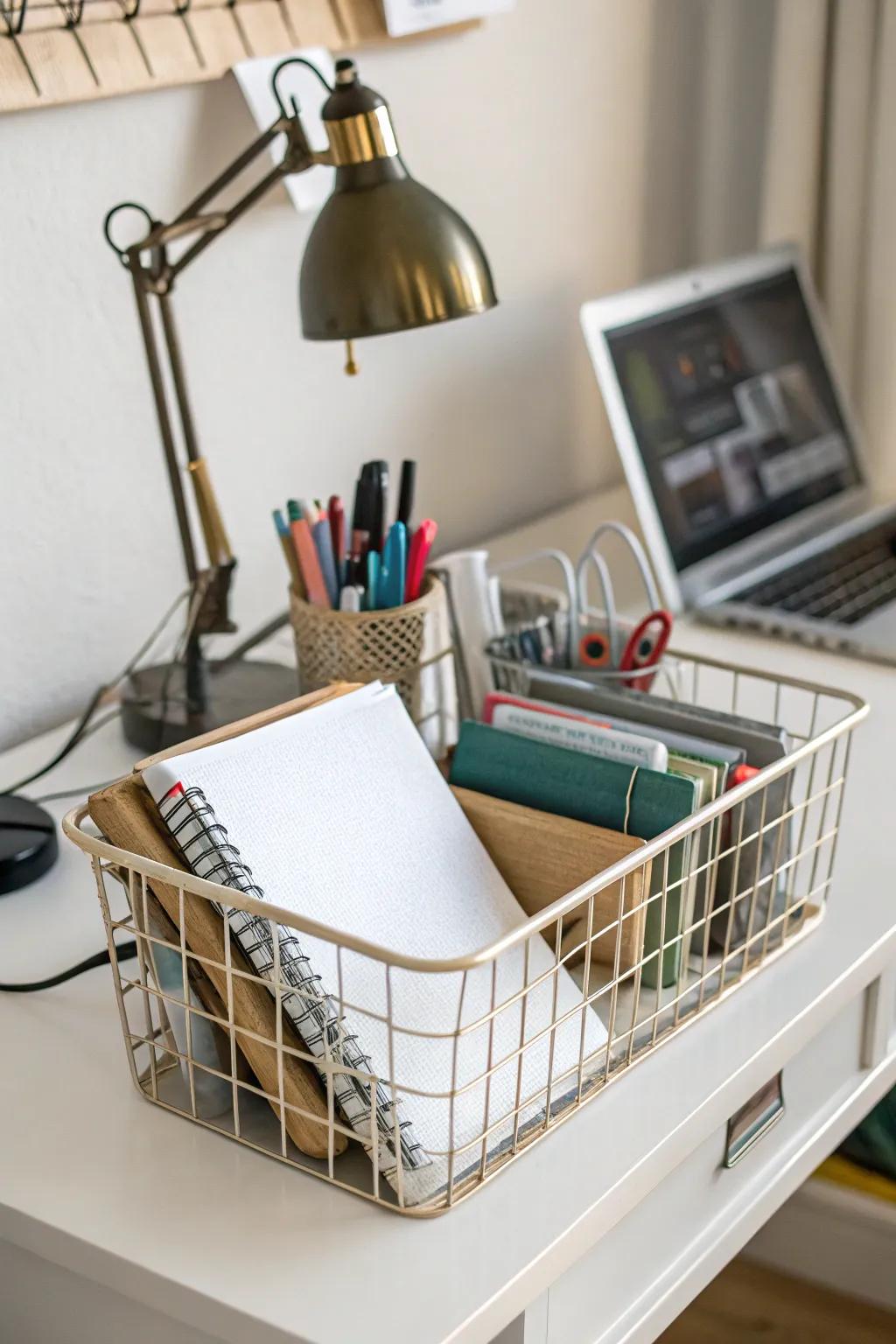 Wire baskets provide easy access to supplies without desk clutter.