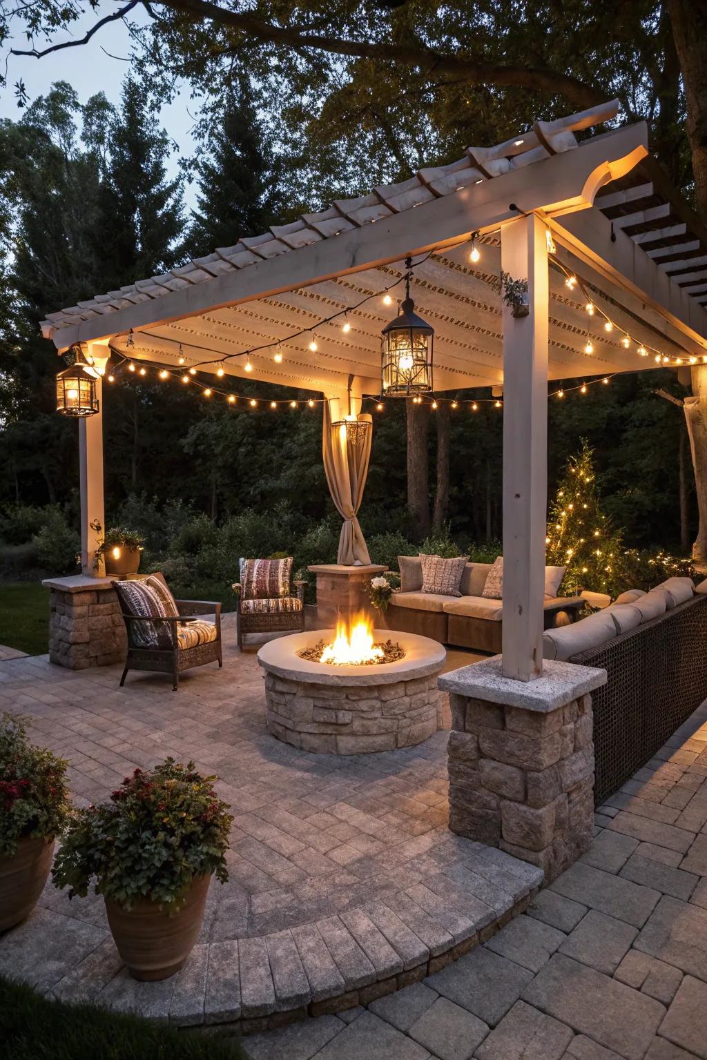 A pergola over the fire pit creates a sheltered and inviting space.