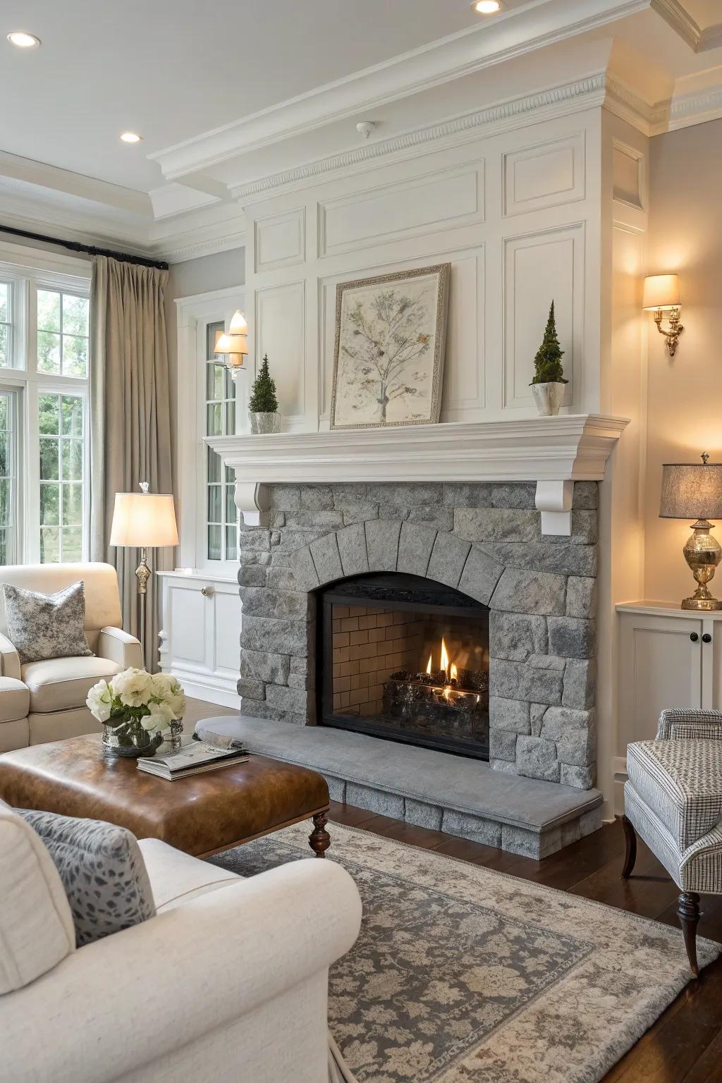 Gray and white tones create a timeless and harmonious fireplace design.