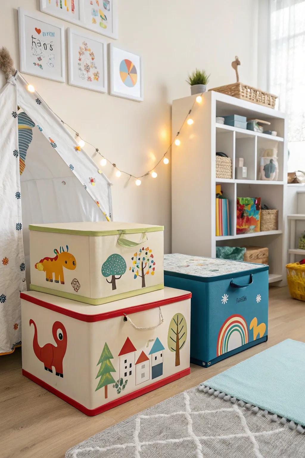 Themed storage boxes add personality and encourage tidiness.