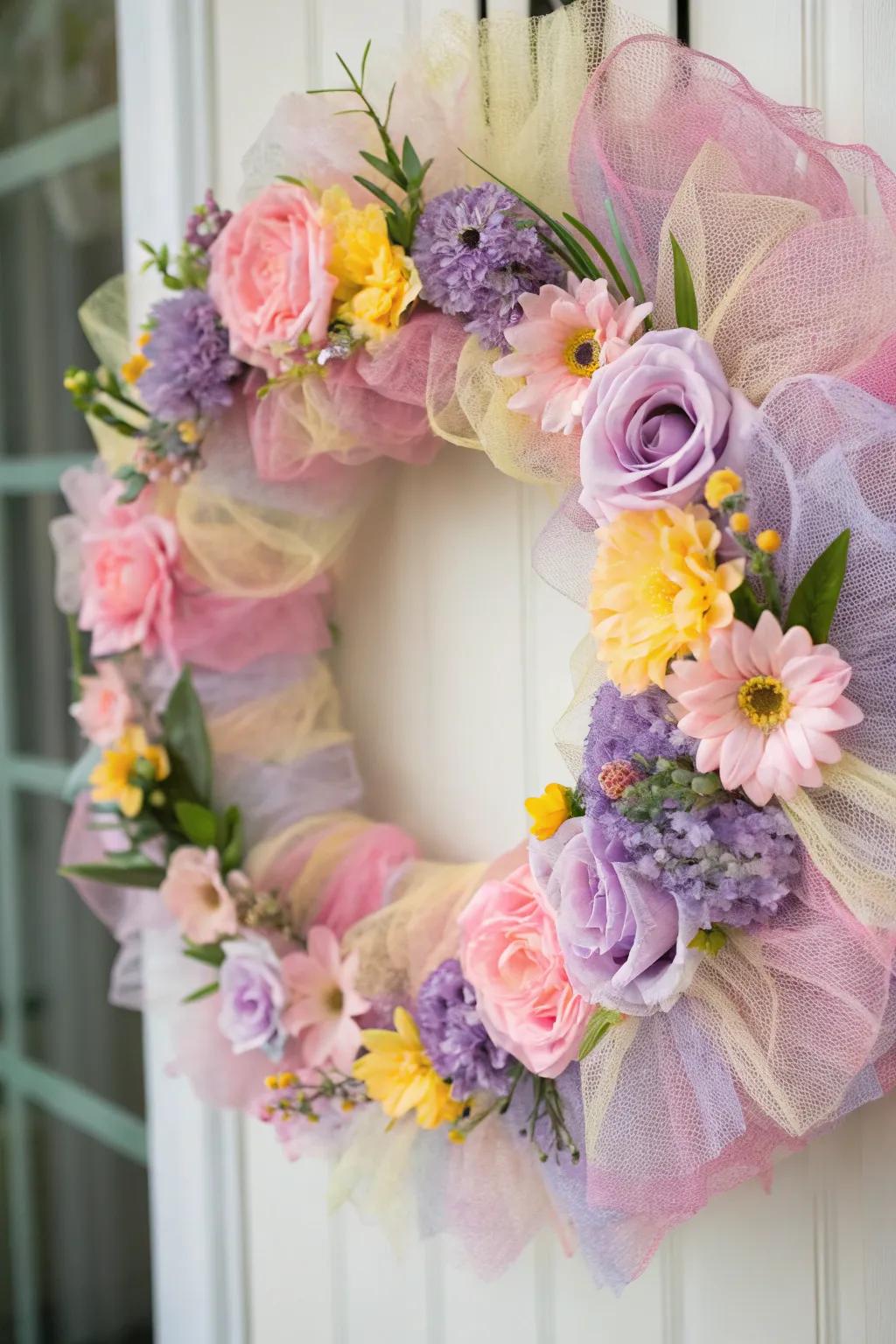 A floral fantasy mesh wreath that offers everlasting blooms.