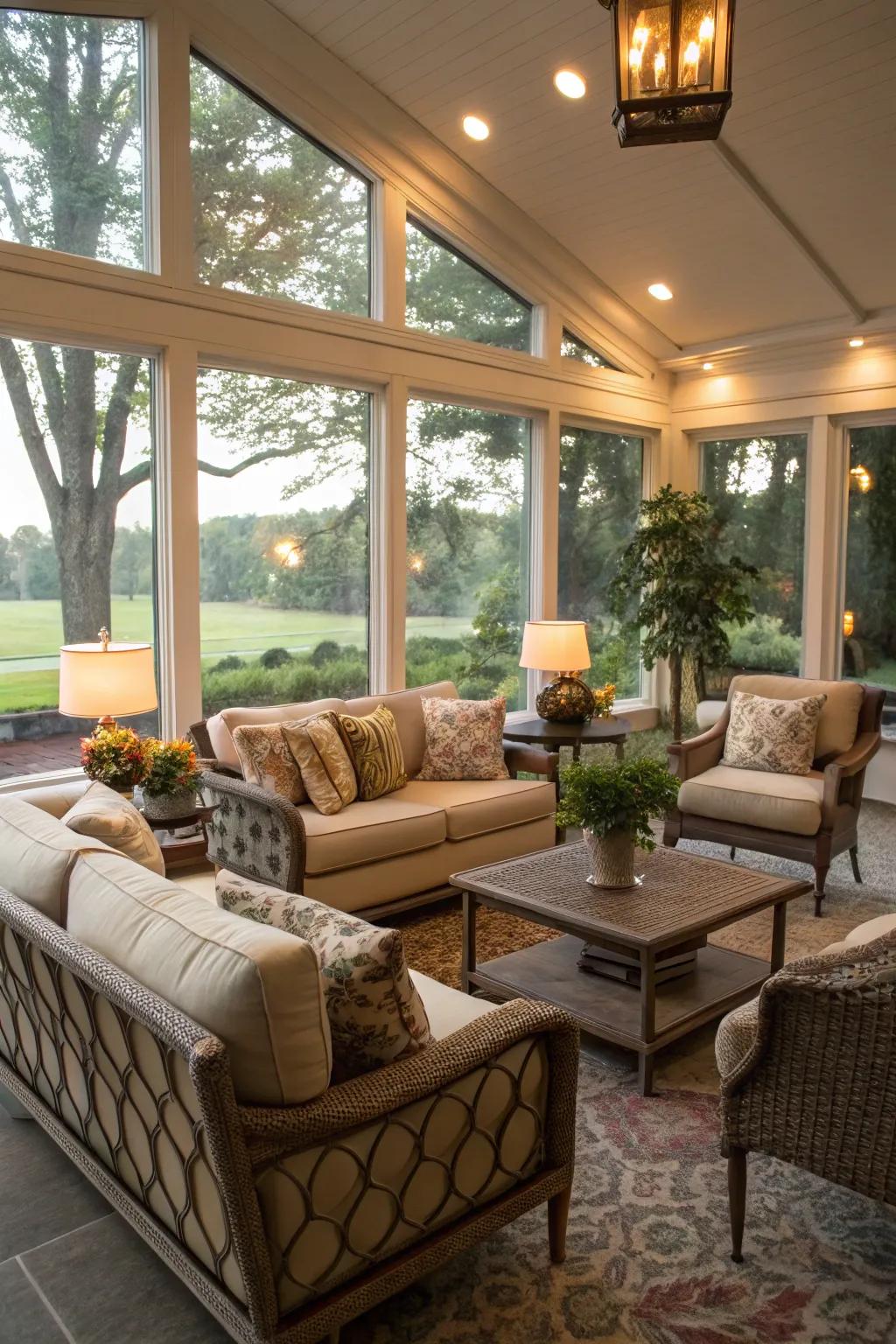 A relaxing lounge area in a sunroom, designed for comfort and tranquility.