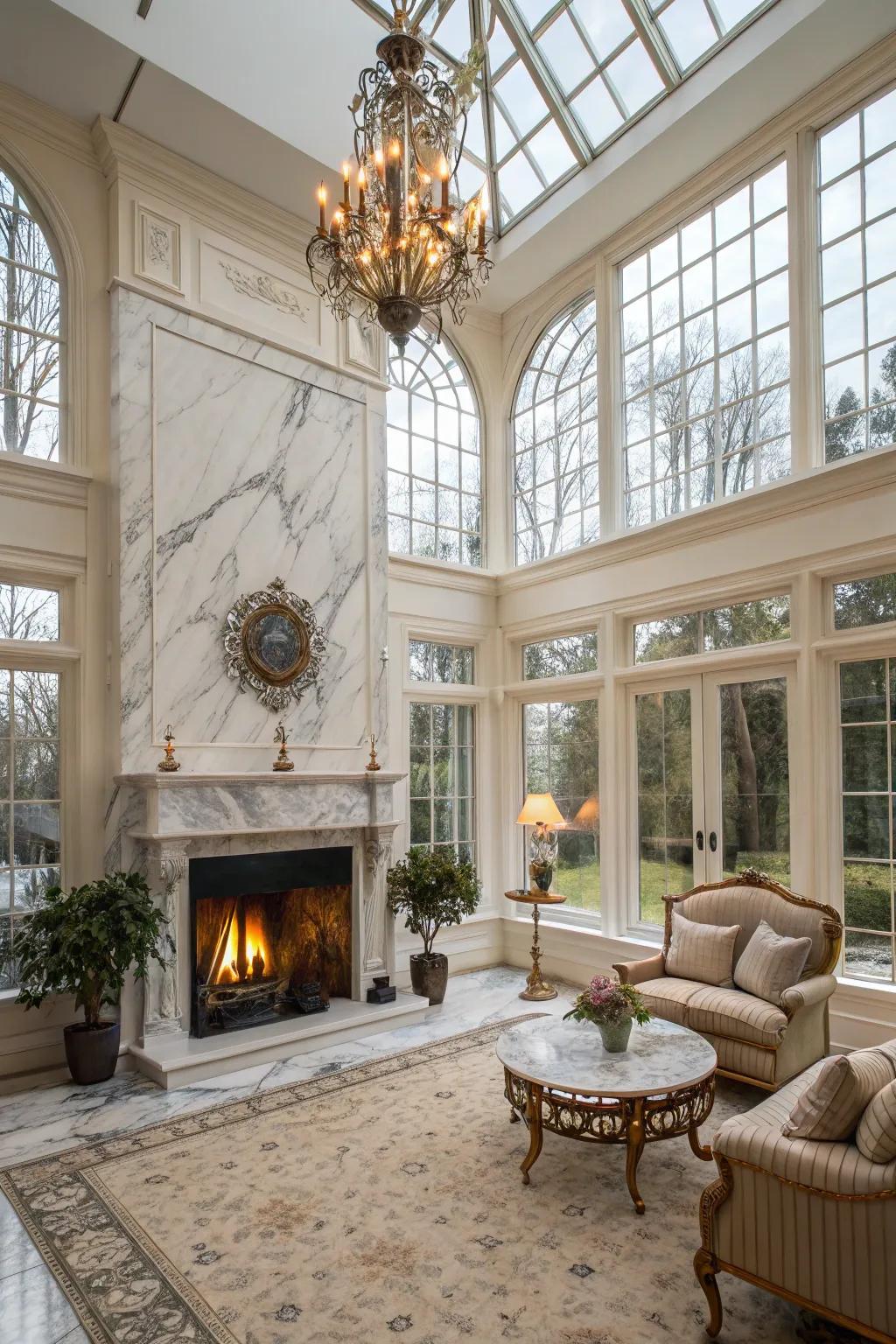 A fireplace with a marble surround, adding elegance and glamour to a sunroom.