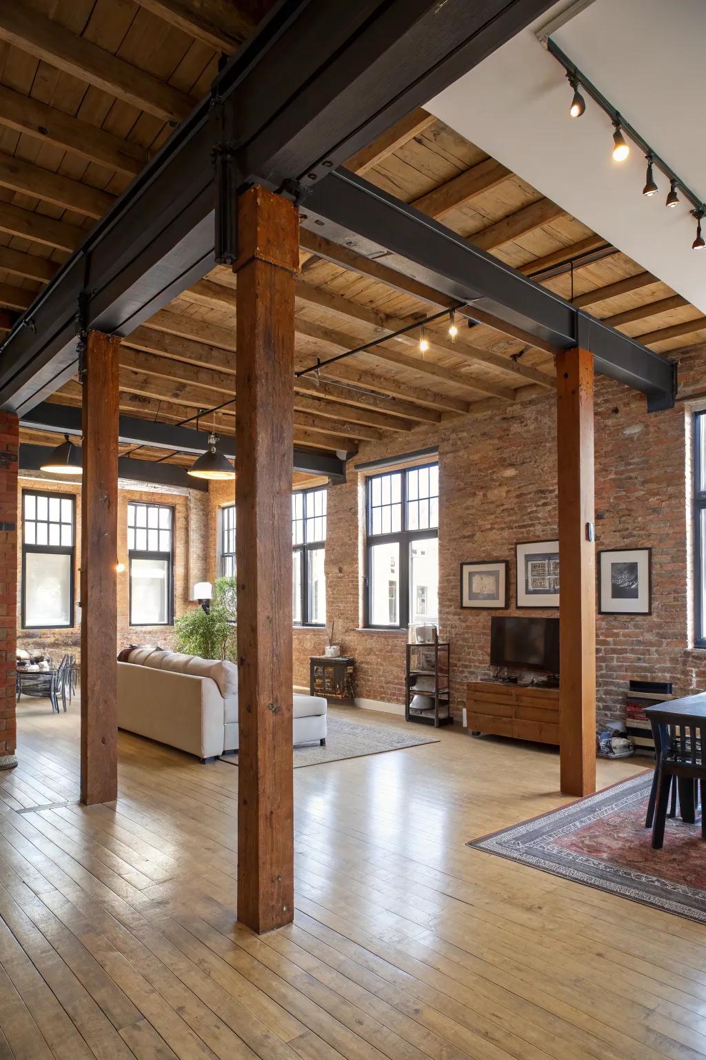 Loft with beams serving as stylish room dividers.