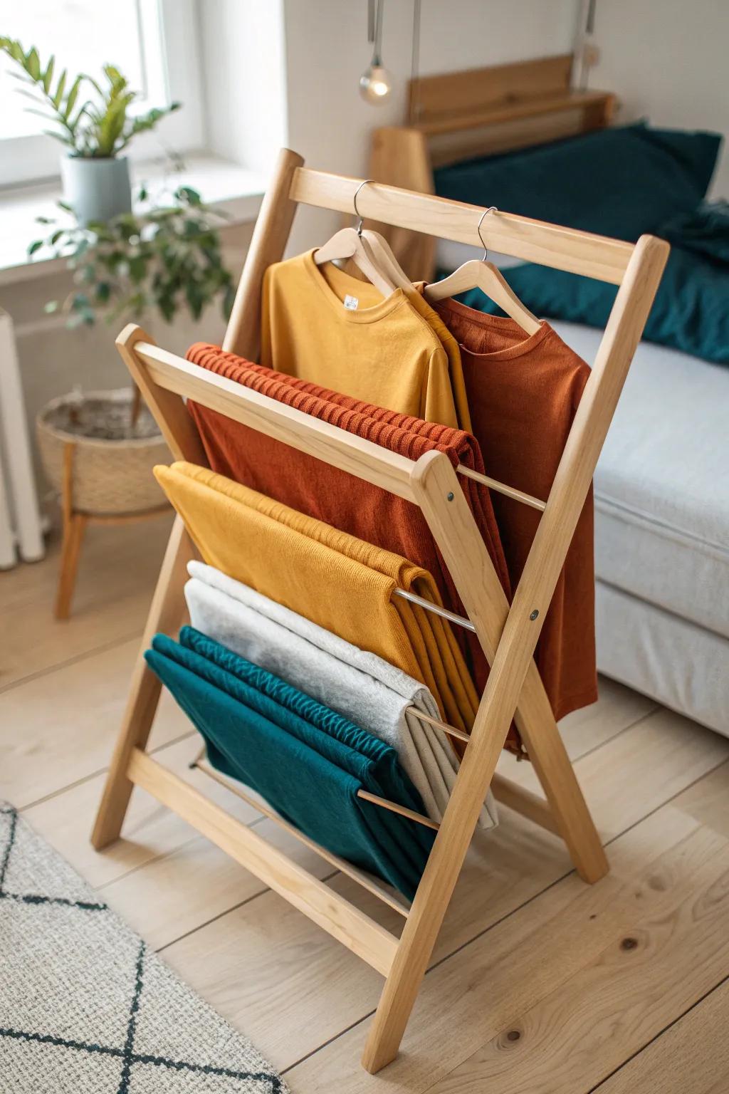 Transform your space with a clever magazine rack hack for t-shirt organization.