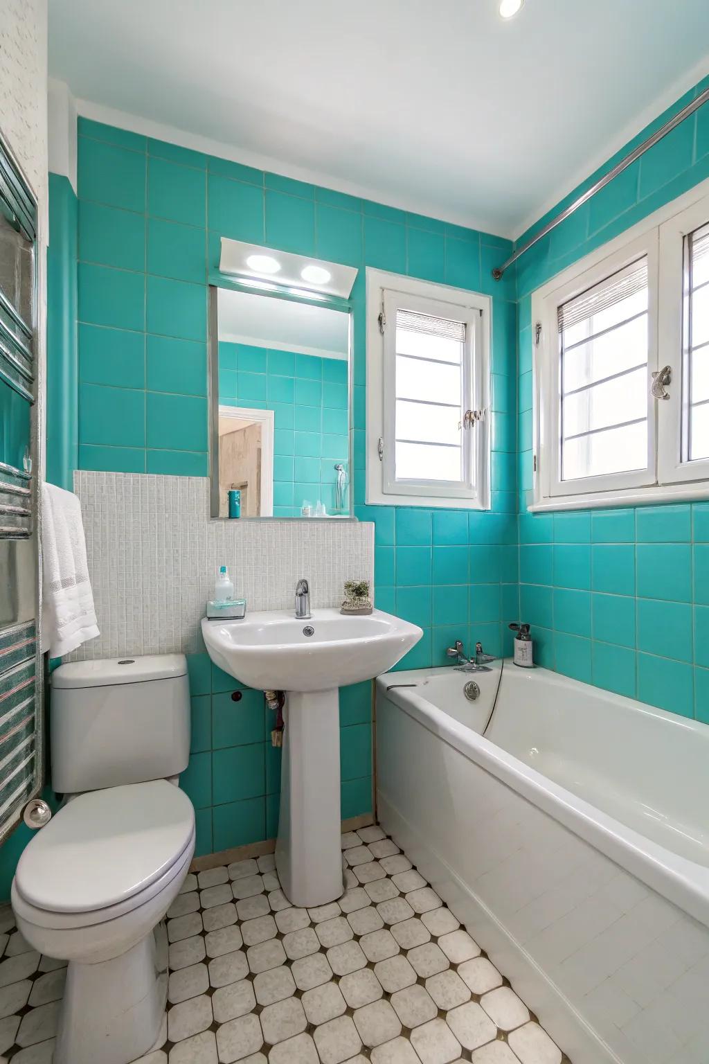 A fresh bathroom featuring a crisp combination of teal and white.