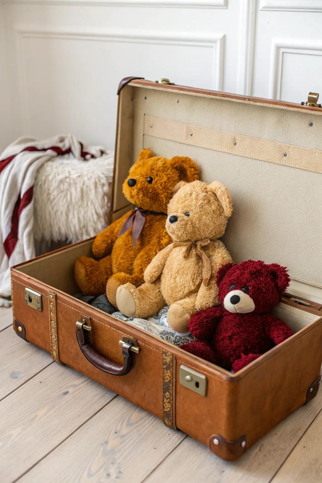 Transform nostalgia into organization with this charming vintage suitcase teddy bear holder. A perfect blend of history and minimalist decor.