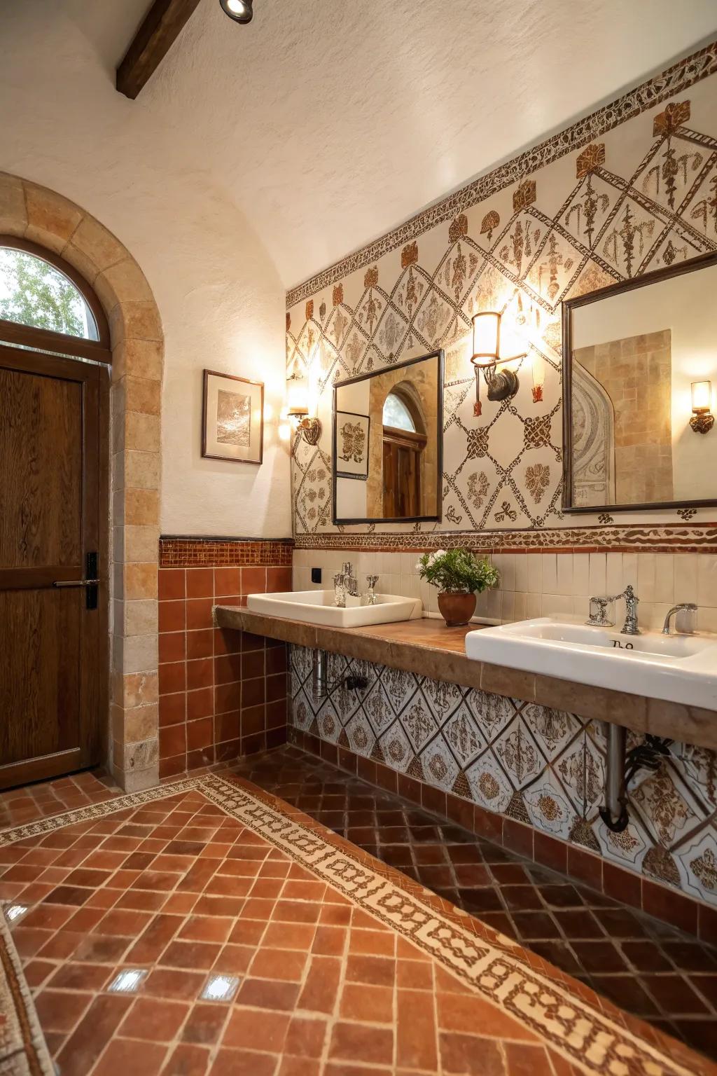 Playful patterns with terra cotta tiles add character to the bathroom.