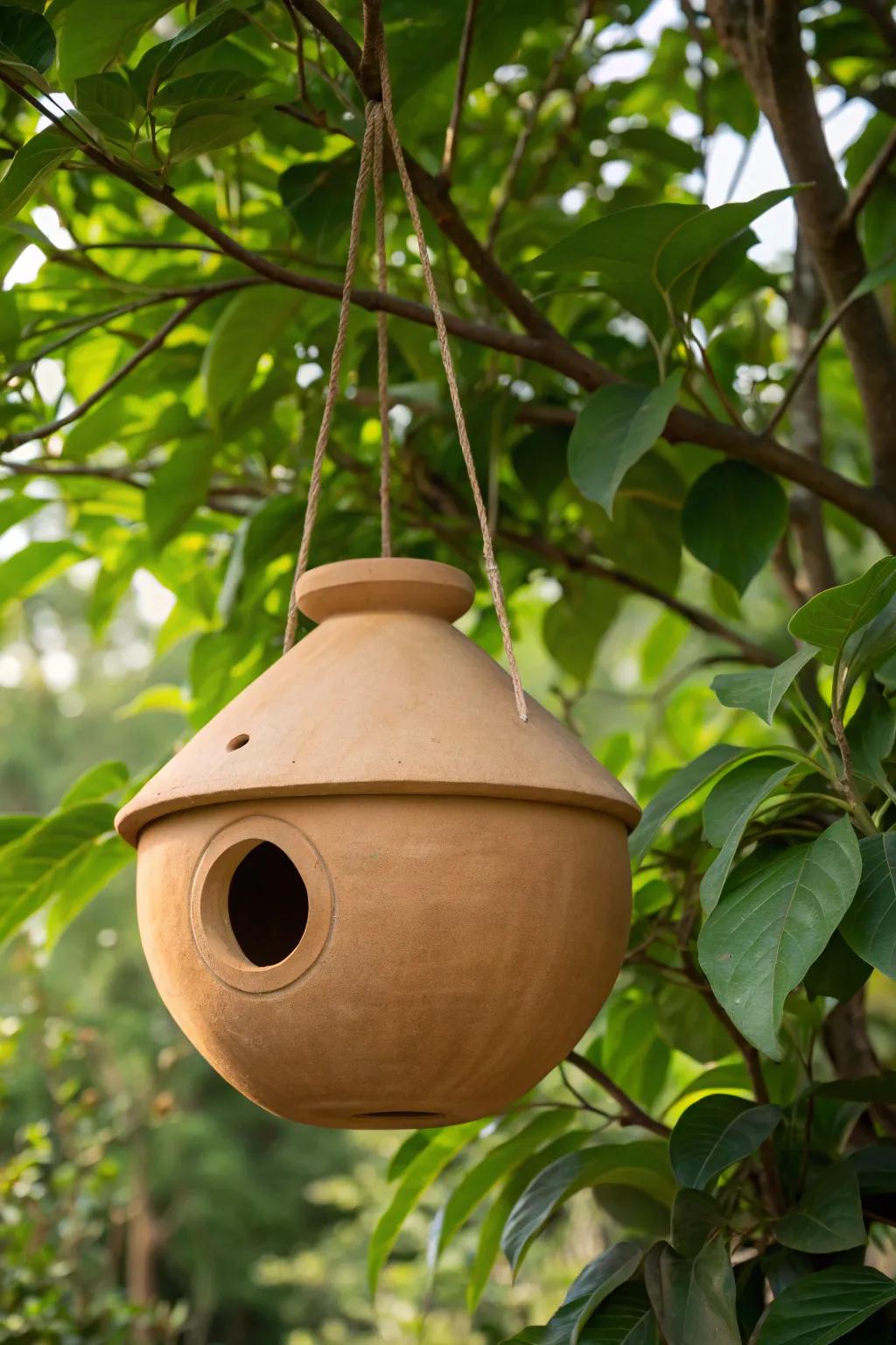Invite nature into your space with a handcrafted terracotta bird house—a perfect blend of simplicity and elegance.