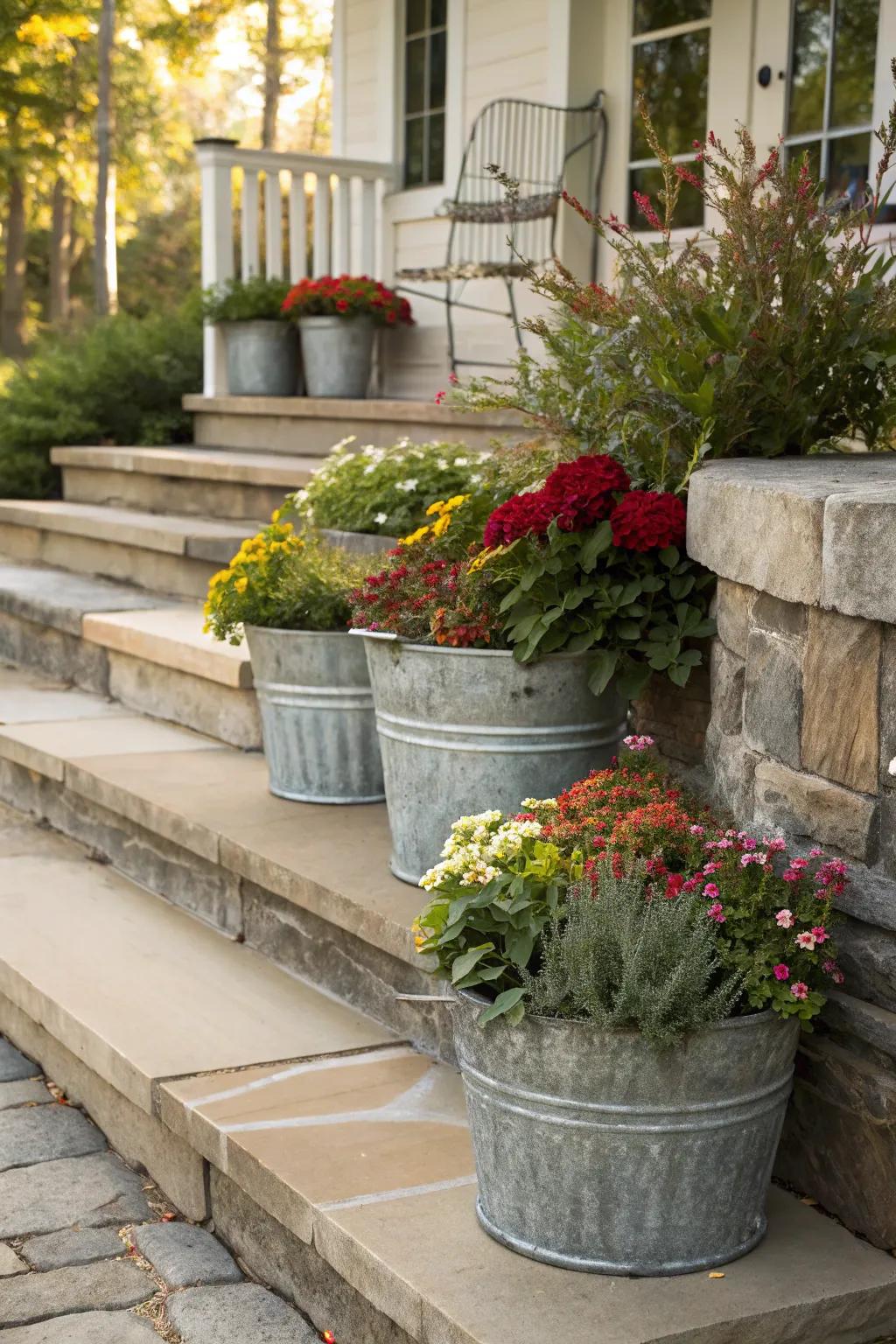 Rustic planters brimming with fall blooms.