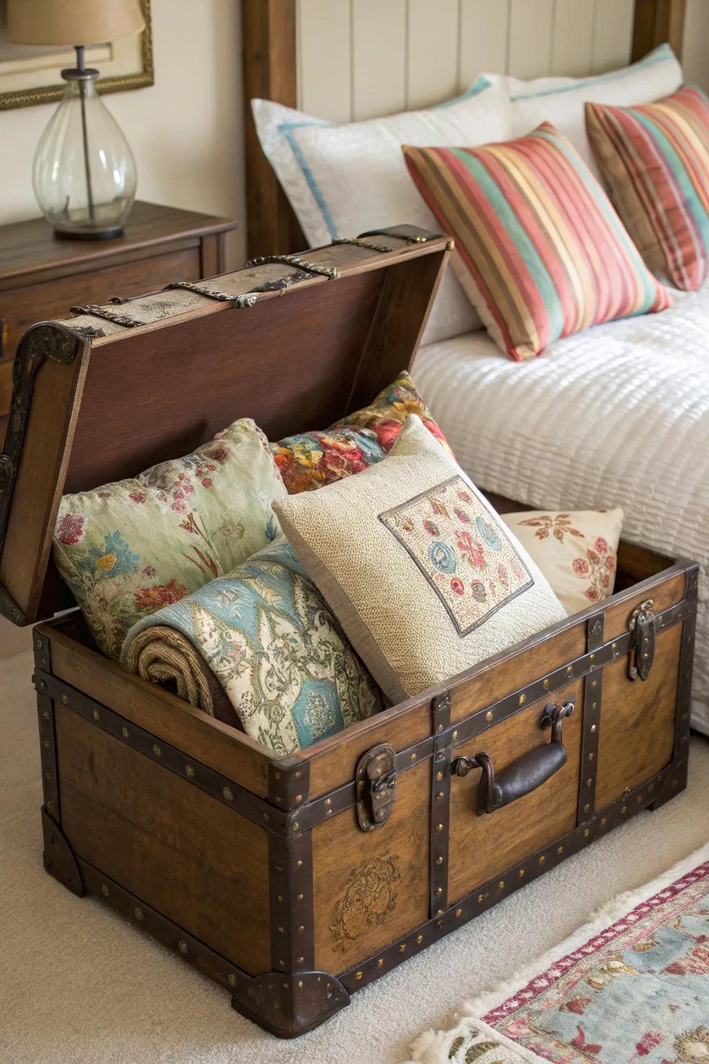 A vintage trunk providing stylish storage for throw pillows.