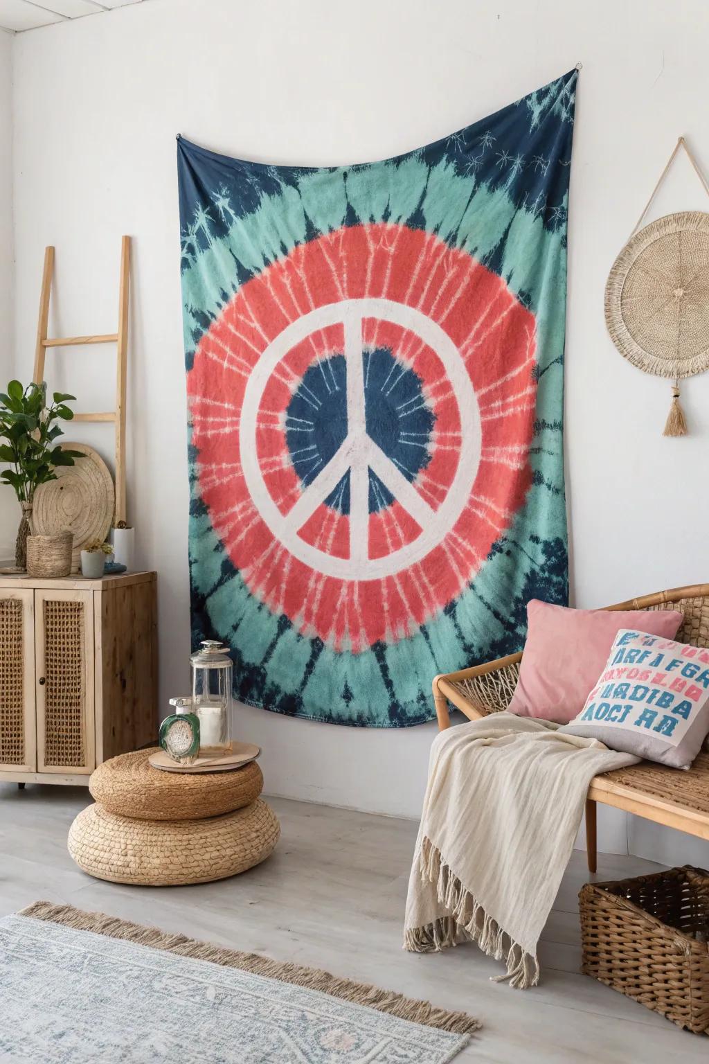 Embrace serenity with a tie dye peace symbol tapestry, blending bold colors and minimalist elegance for a harmonious bedroom retreat.