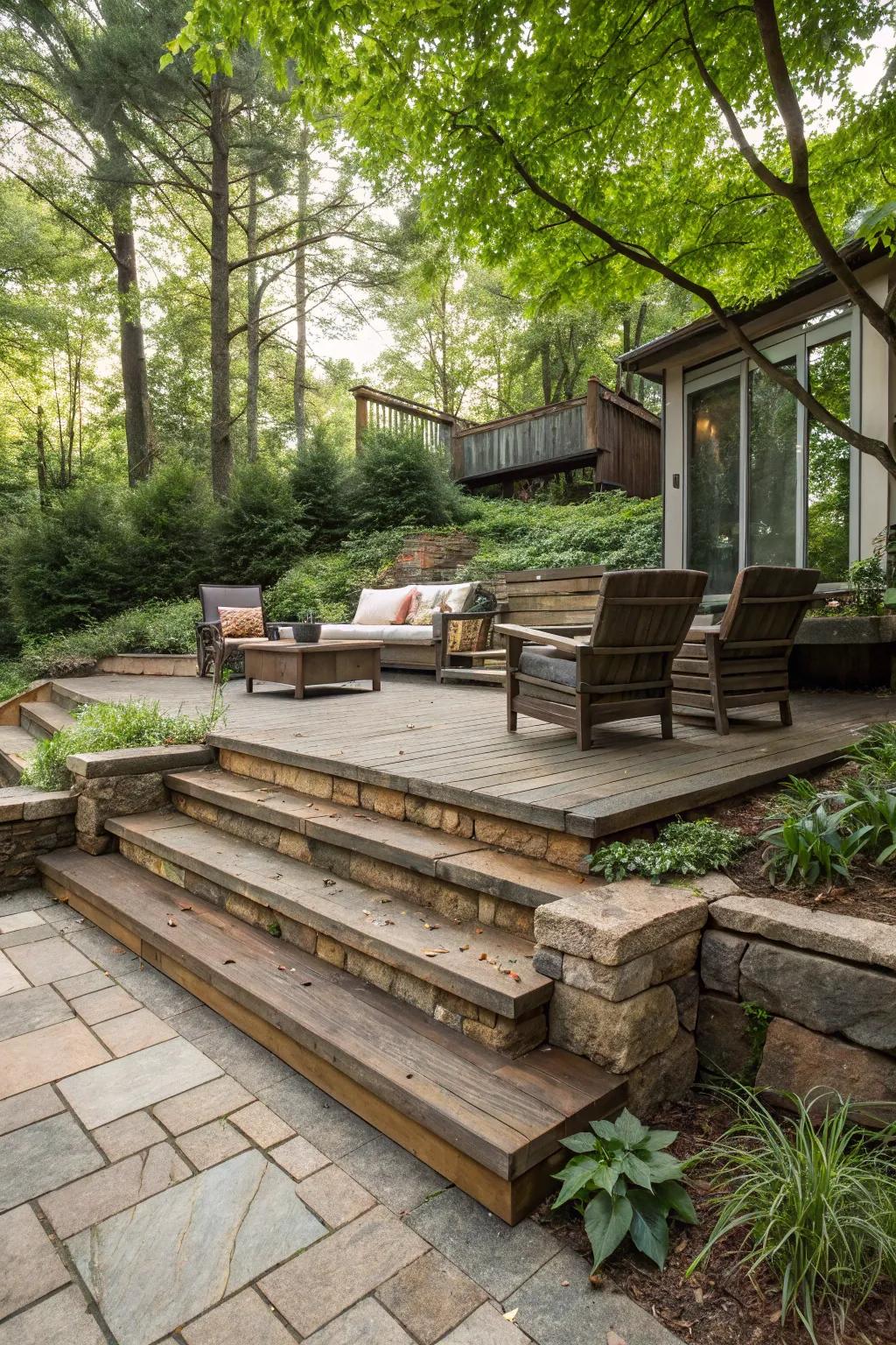 Eco-friendly materials make for a sustainable and durable tiered patio.