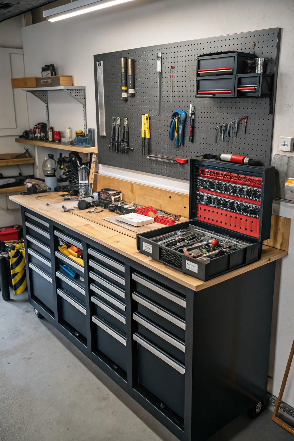 A workbench with built-in storage in a tool crib.