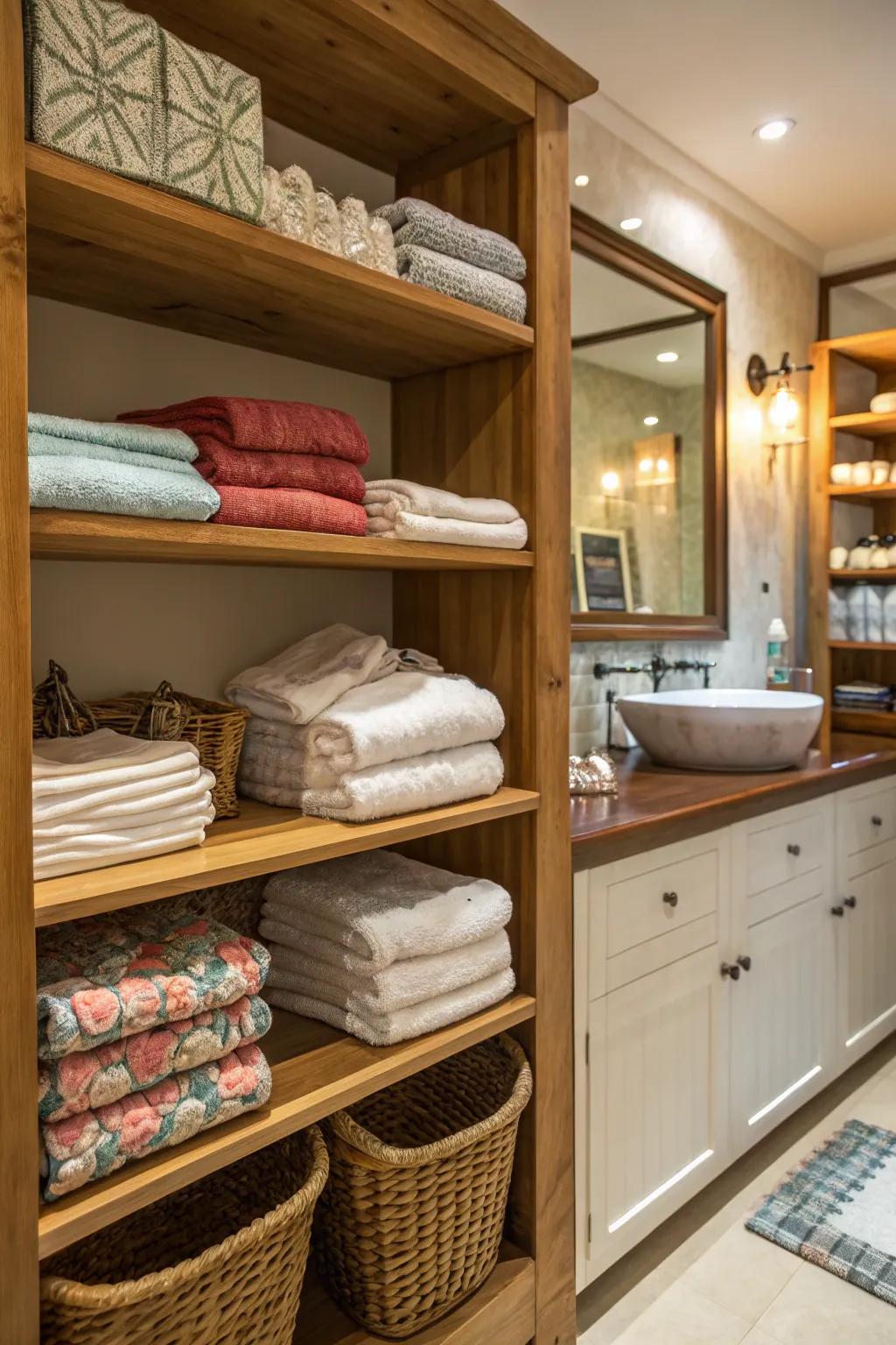 Open towel displays add color and texture to the room.