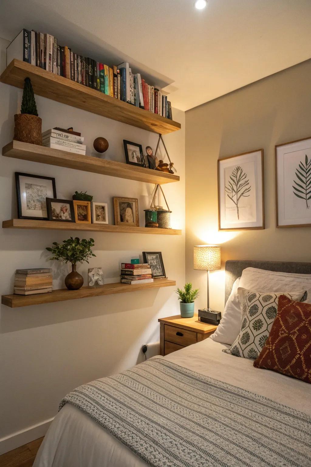 Floating shelves provide stylish storage and display space in this townhouse bedroom.