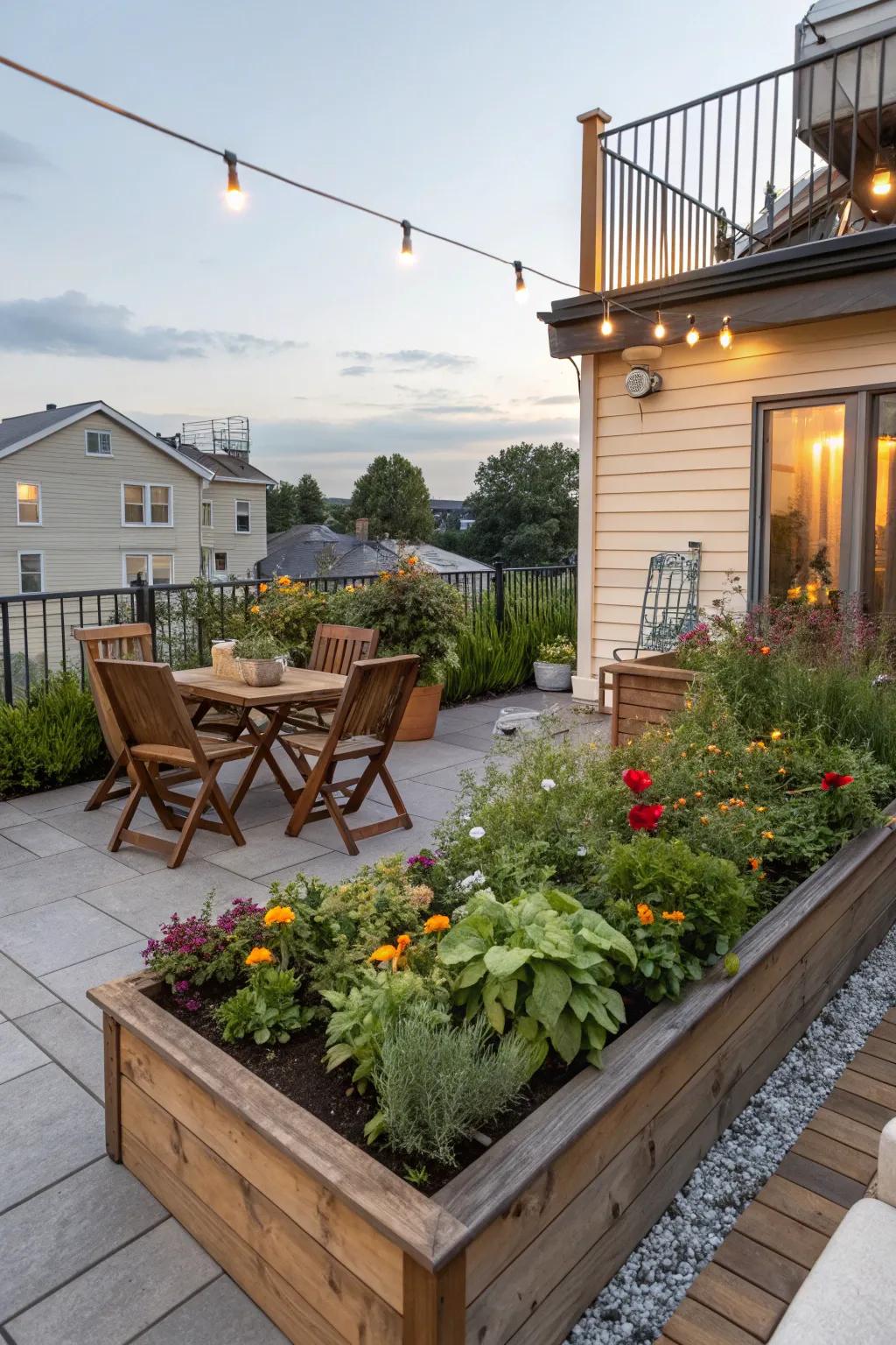 Raised garden beds add greenery and utility.