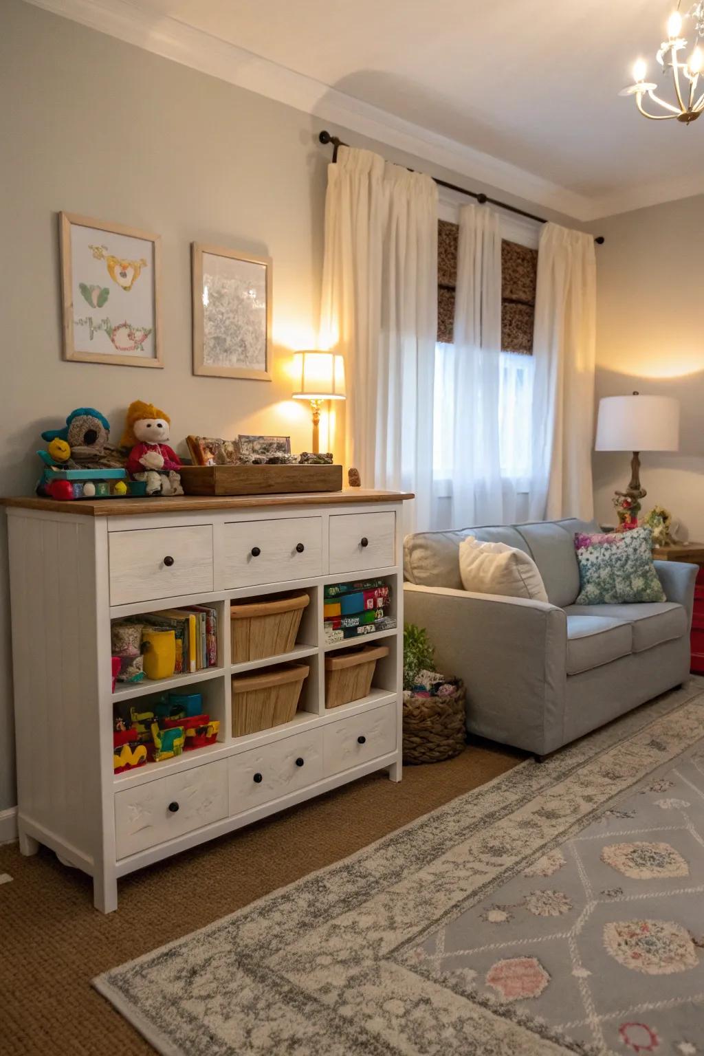 A repurposed dresser adds unique toy storage.