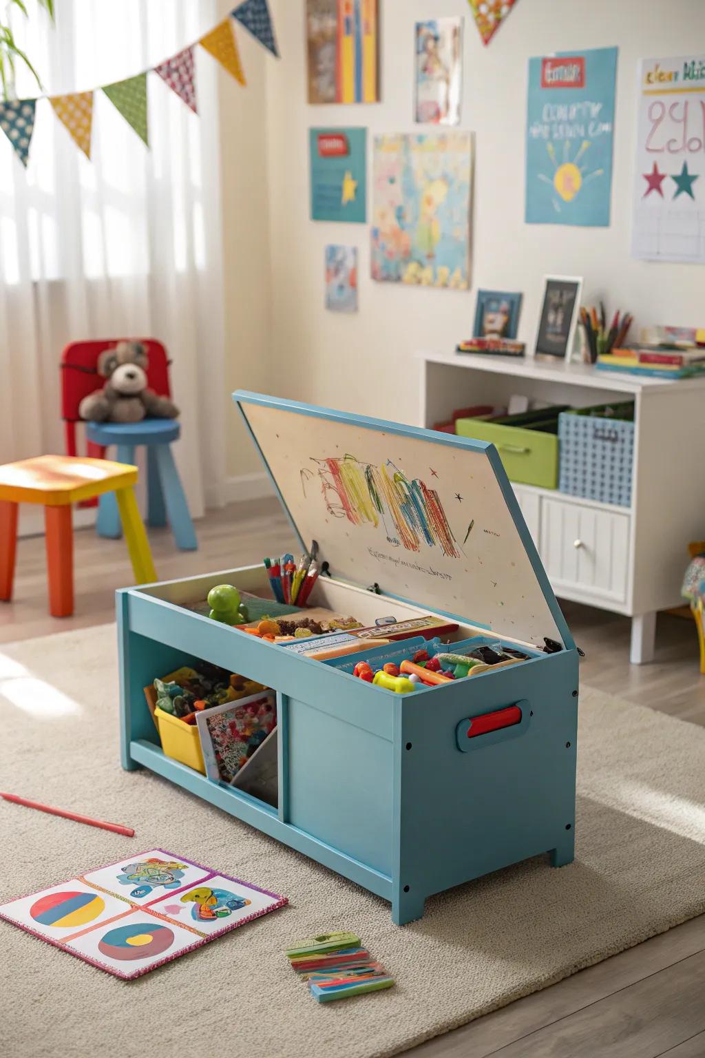 A convertible toy box table offers a play surface and storage in one.