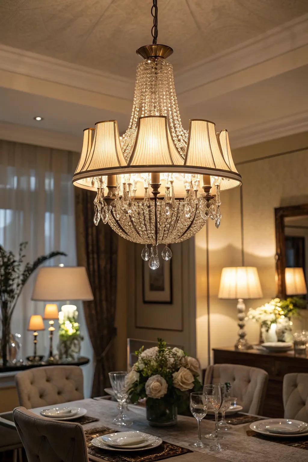 Layered lighting creates a versatile ambiance in the dining room.