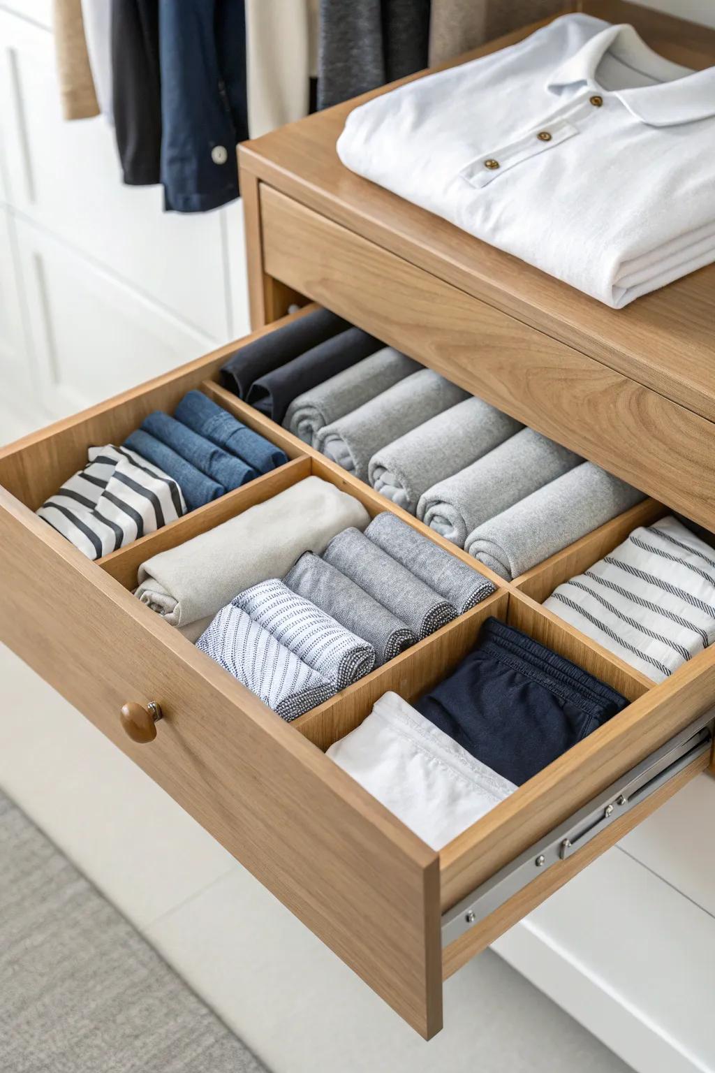 T-shirts neatly separated using customizable drawer organizers.