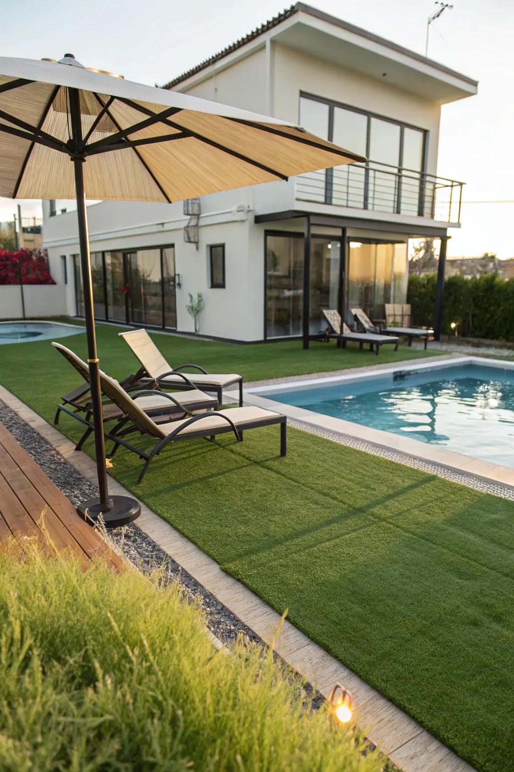 Enhance poolside lounging with lush turf.