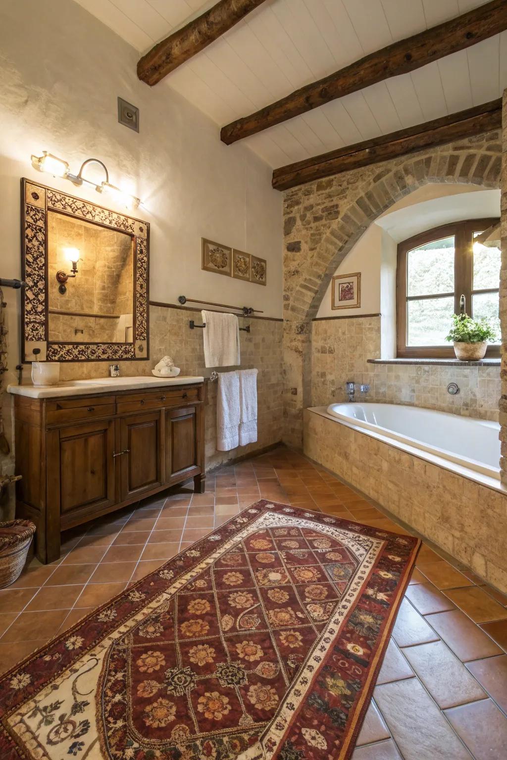 A cozy rug softening the Tuscan bathroom.