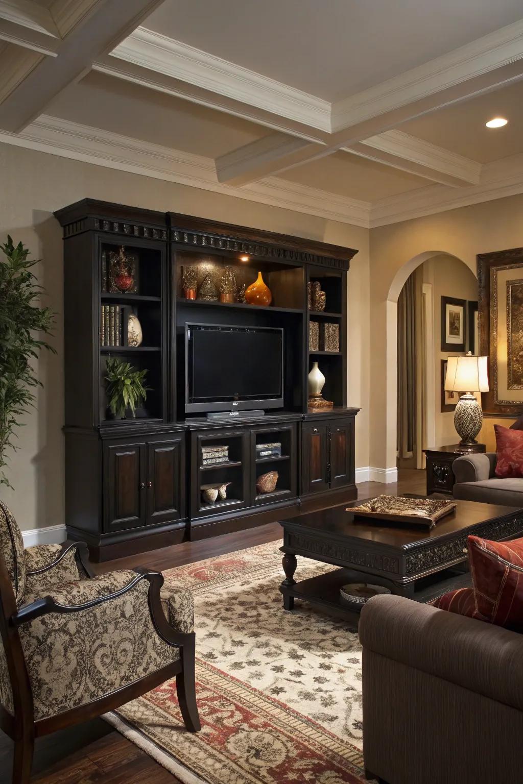 Dark decor helps your TV blend seamlessly into the room.