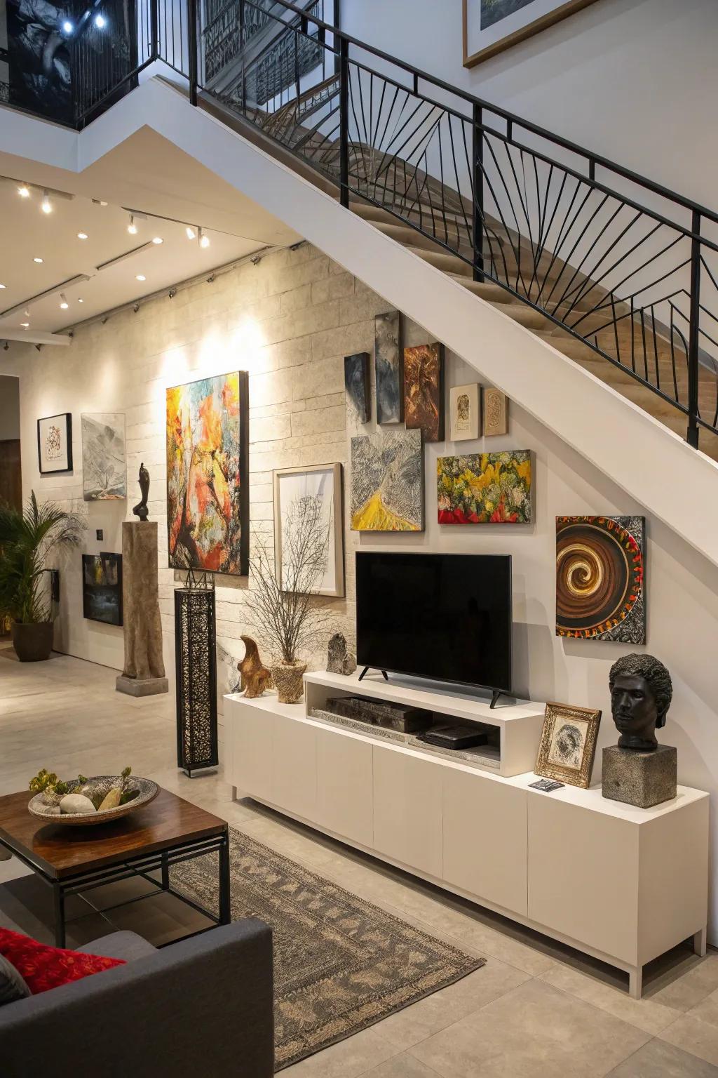 A contemporary art display with a TV unit under the stairs.