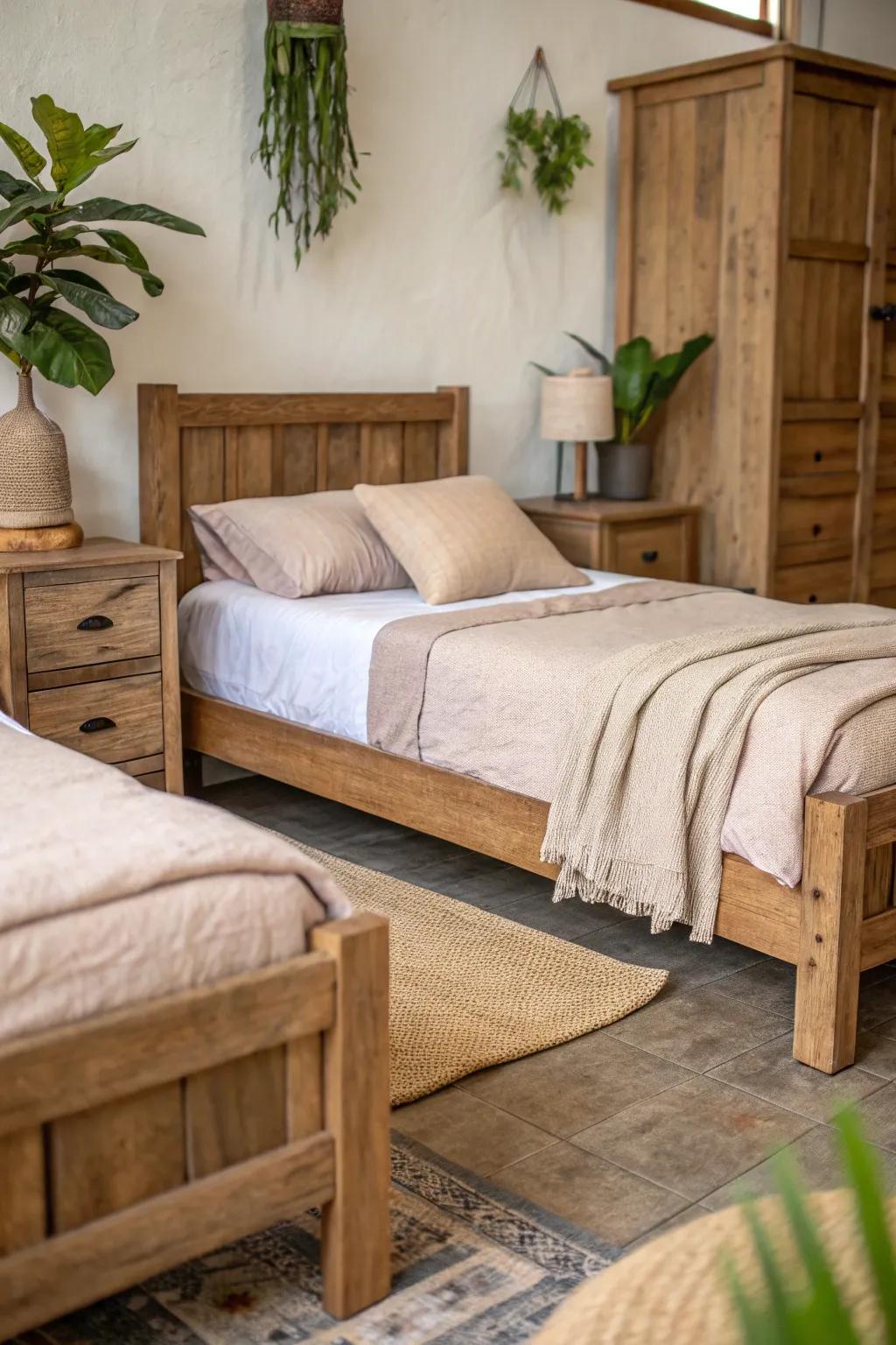 Eco-friendly materials create a sustainable twin bedroom.