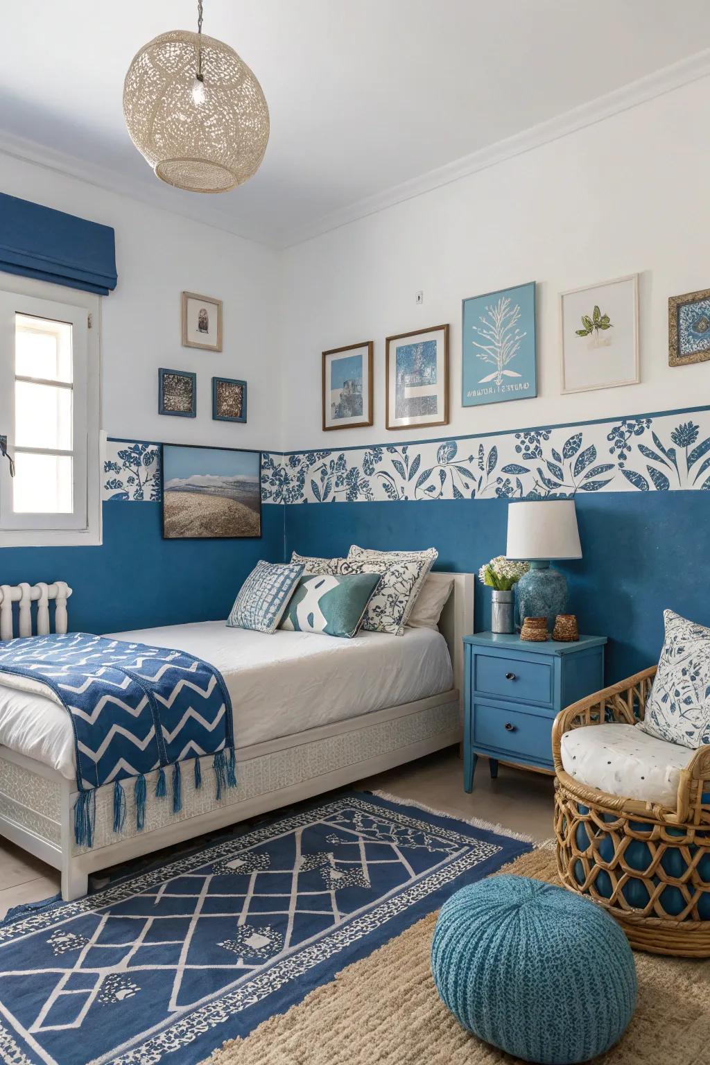 A dynamic and artistic two-tone bedroom in cobalt blue and white.