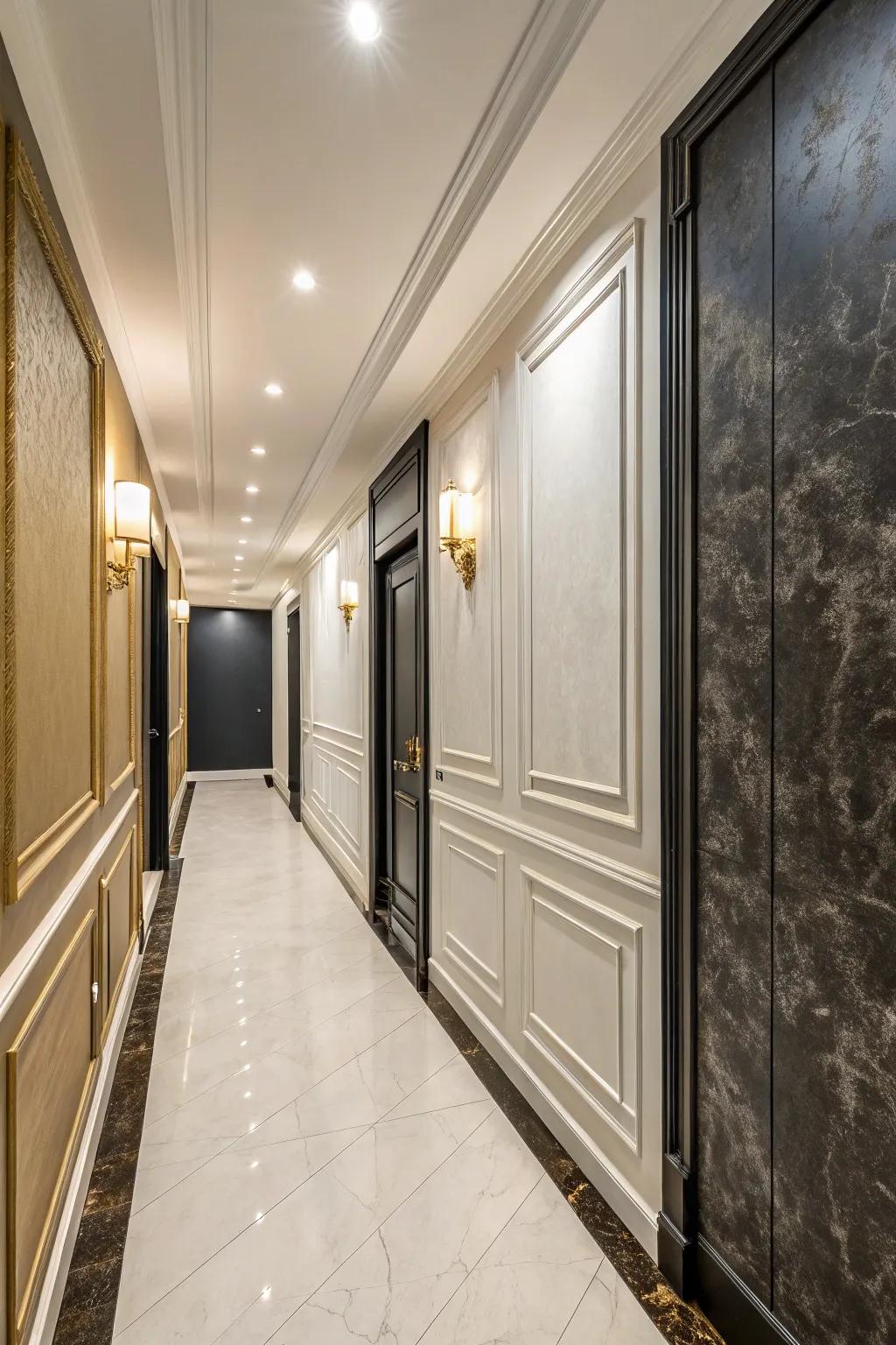 A stylish hallway with a textured two-tone wall.