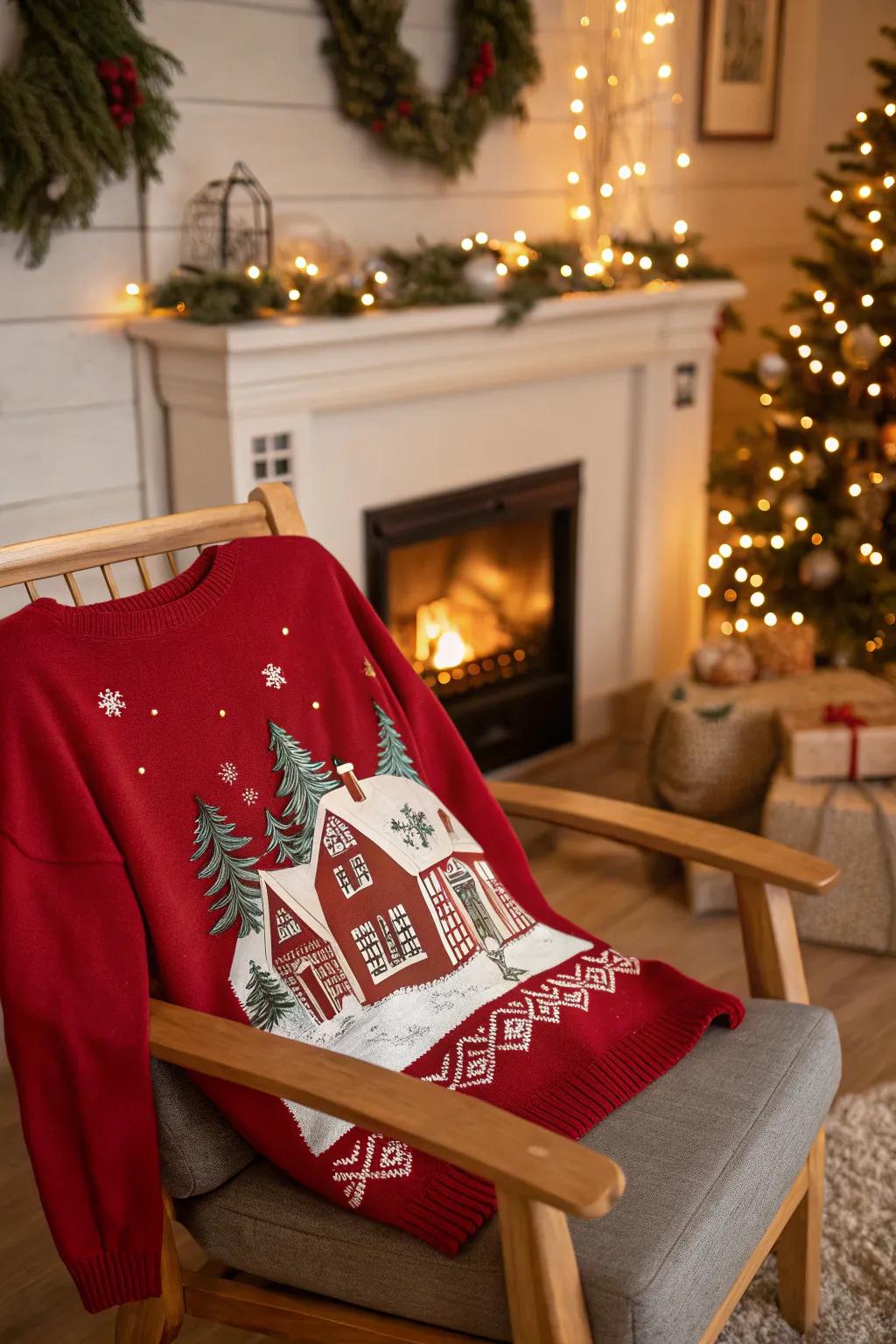 Wear a festive story with a charming Christmas village sweater.