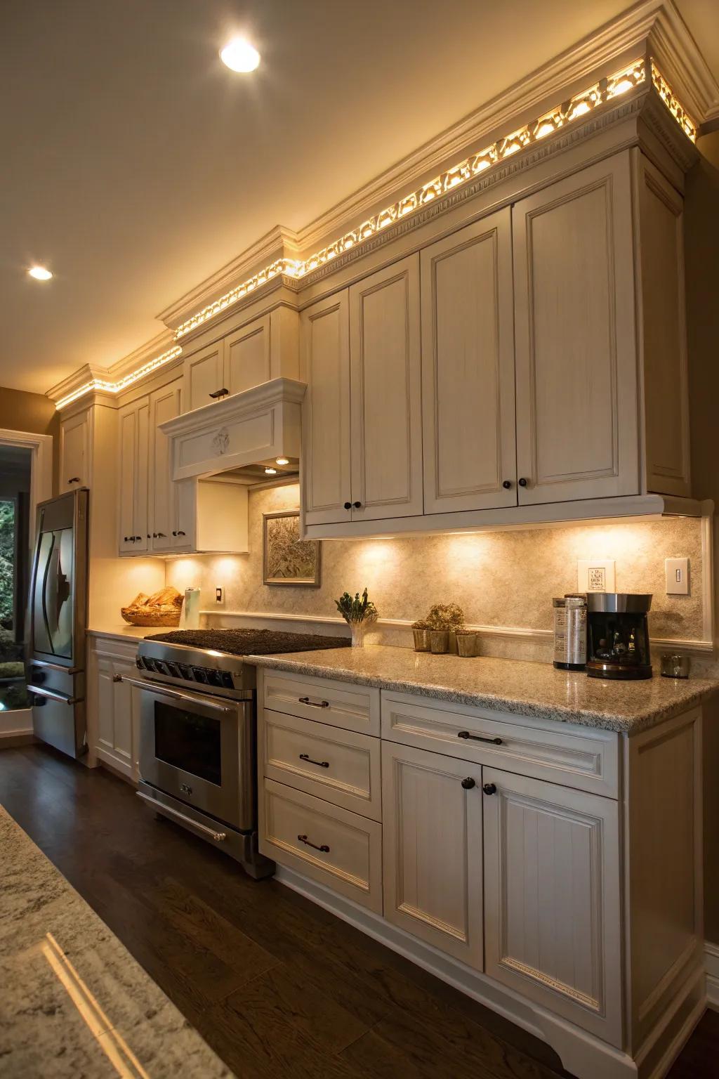 Crown molding hides lights, creating an elegant glow.