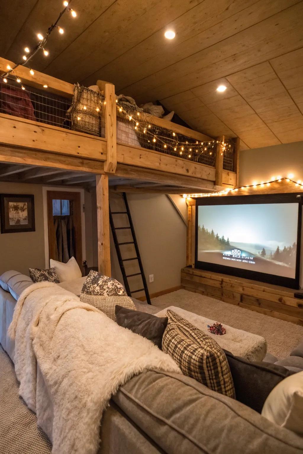 An intimate home theater beneath a loft bed.