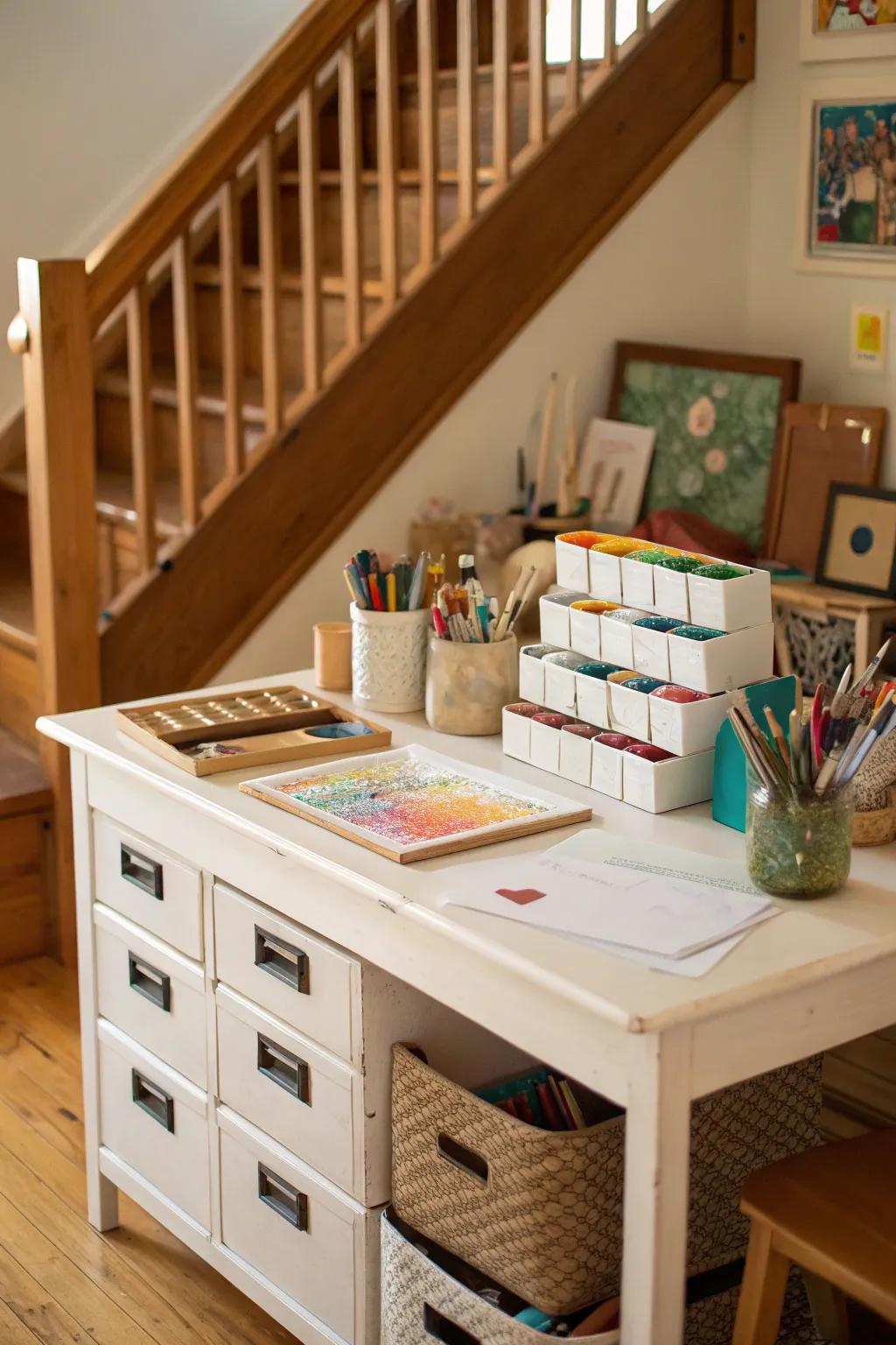 A cozy craft station that inspires creativity under the stairs.