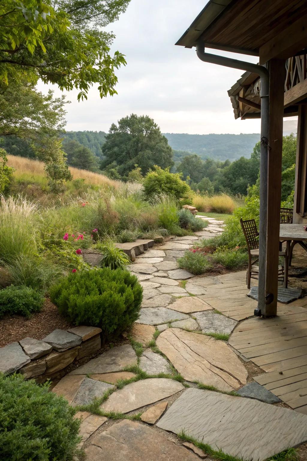 Natural stone pathways add charm and guide visitors through uneven patios.