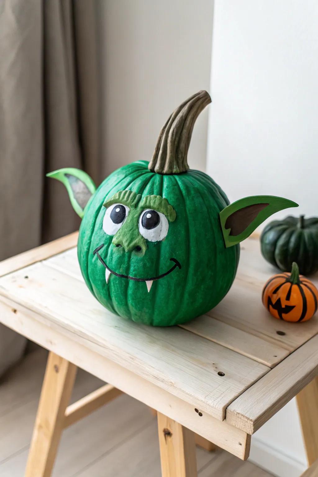 Unleash your creativity with this cheeky goblin pumpkin - a unique blend of bold colors and minimalist style!