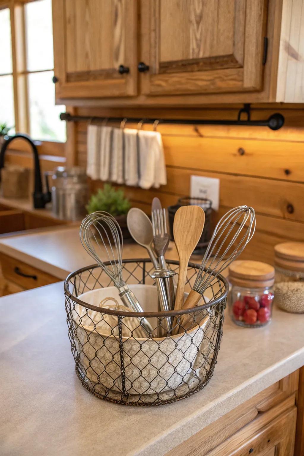 Wire baskets combine functionality with farmhouse charm.