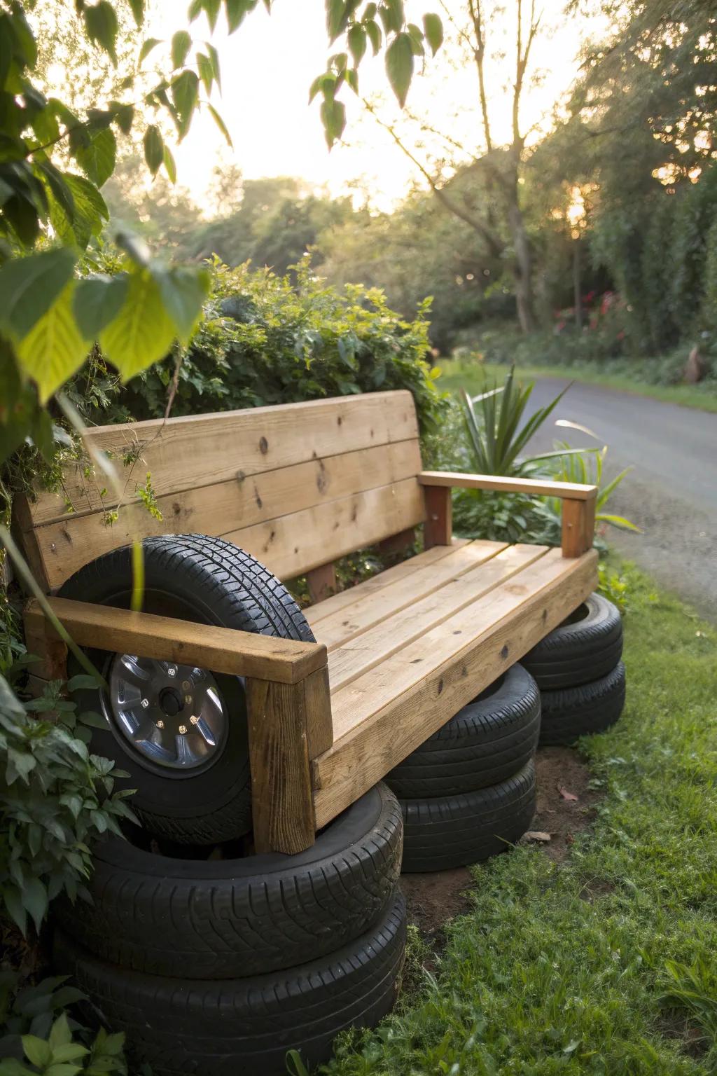 Start your day with a touch of craftsmanship: a cozy garden retreat made from upcycled tires.