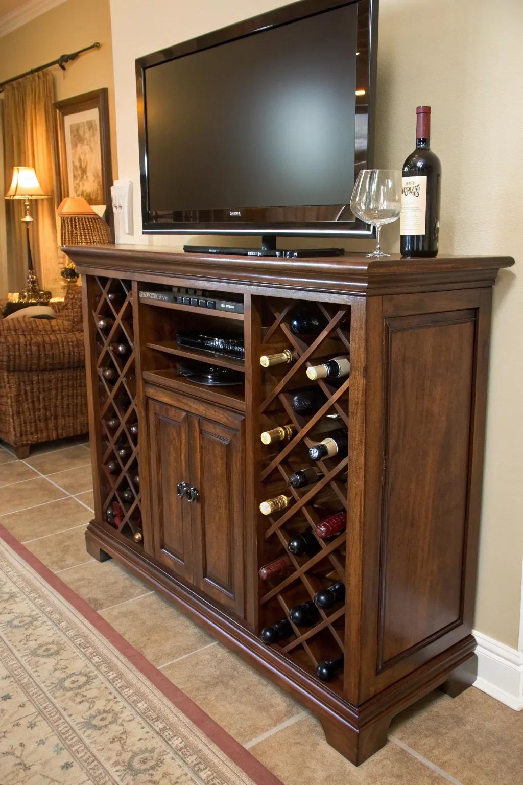 Transform your old TV stand into a sleek, handcrafted wine rack that exudes style and sophistication.