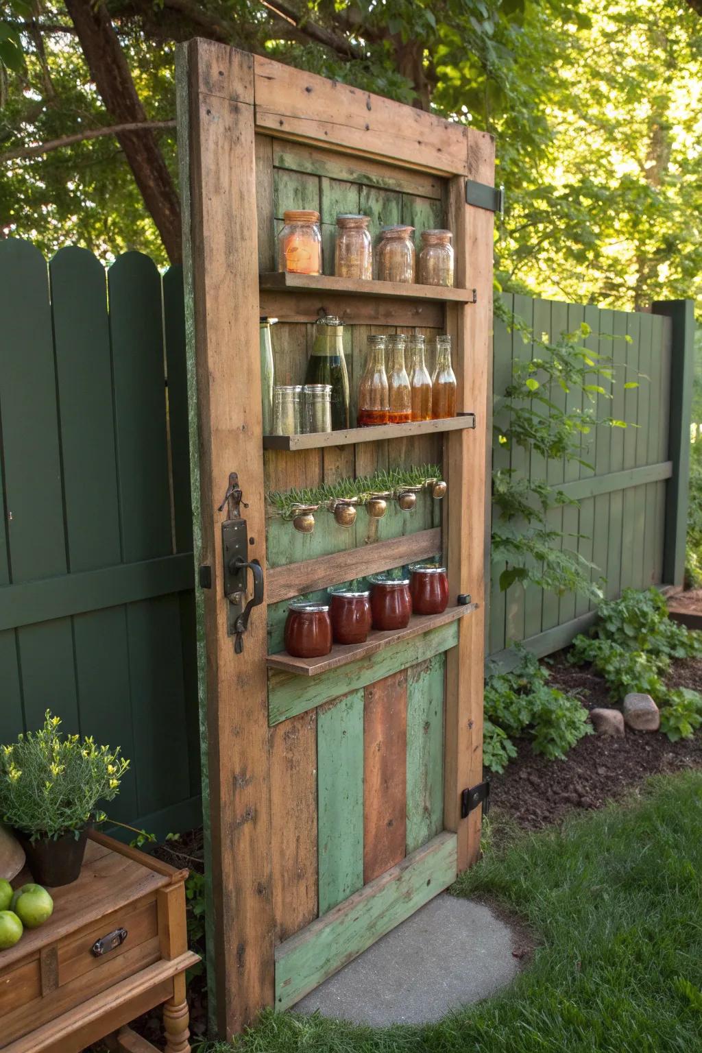 Transform tradition with style: a vintage door becomes your ultimate garden party beverage station.