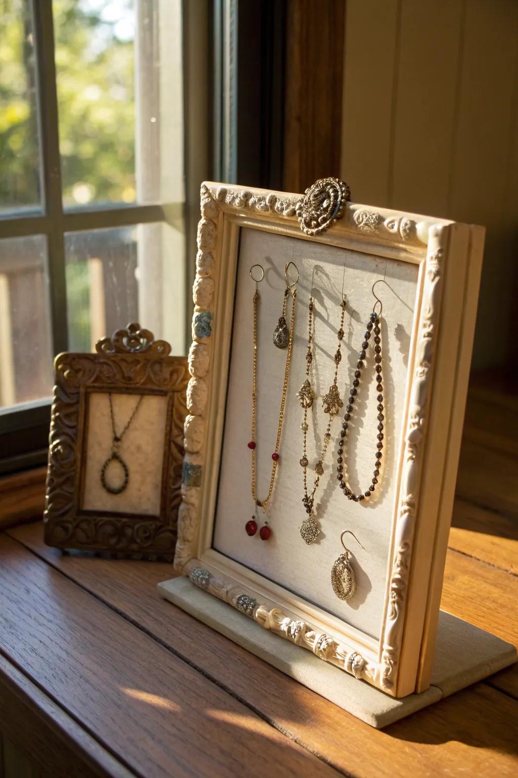 Display your jewelry with a frame jewelry holder.