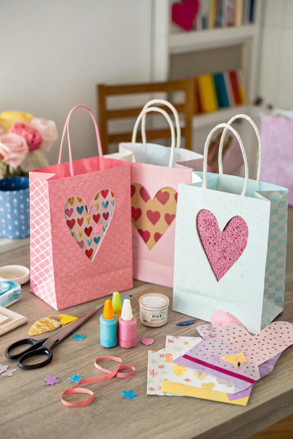 Heart-adorned gift bags for a personalized and colorful touch.