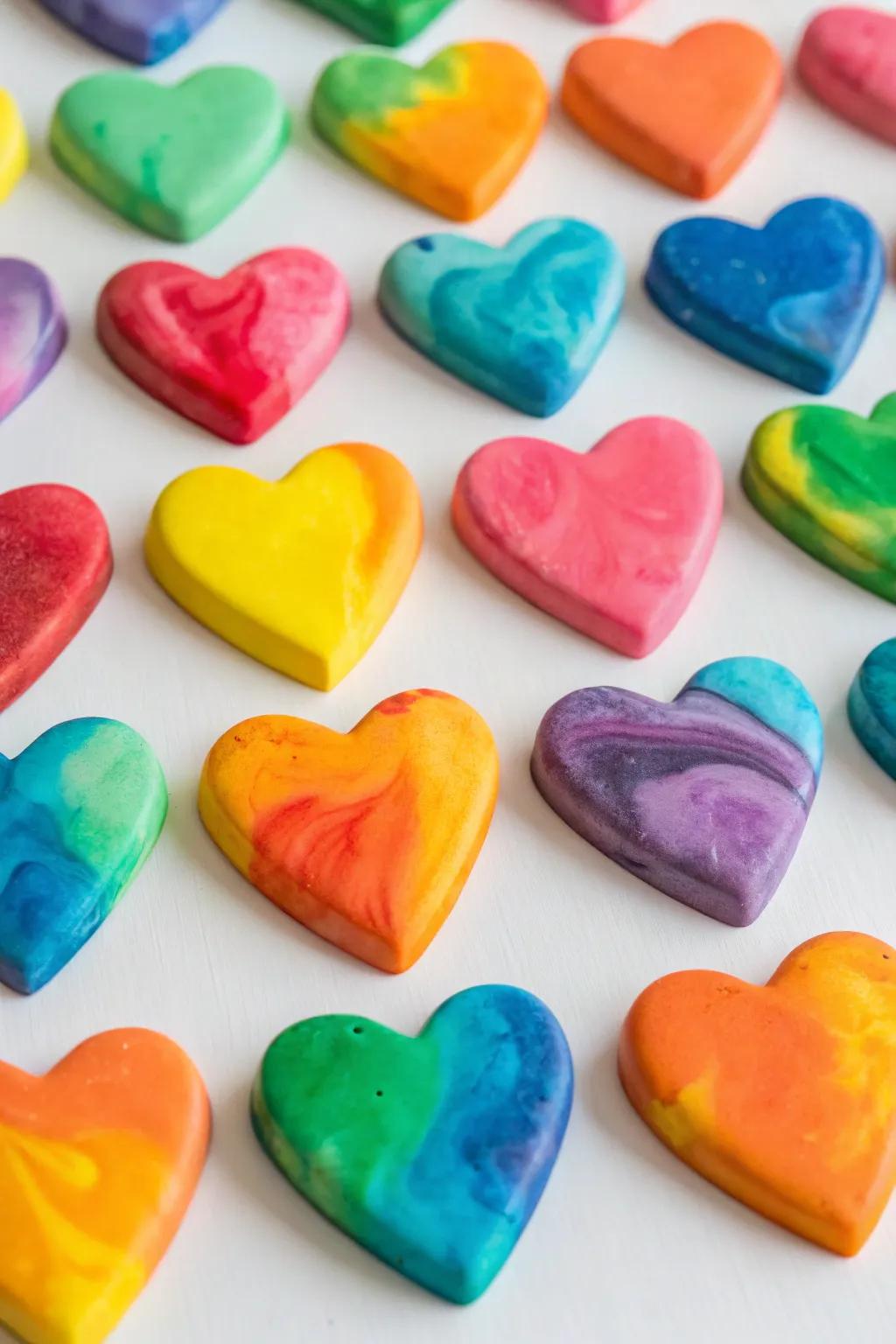 Creative and colorful heart-shaped crayon melts.