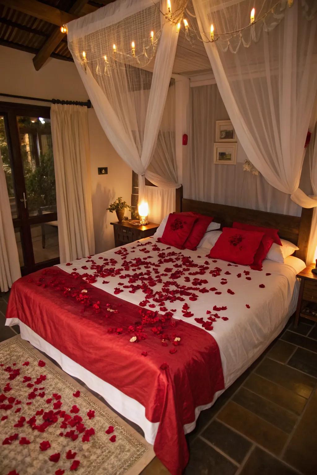 Satin sheets and rose petals create a luxurious atmosphere.