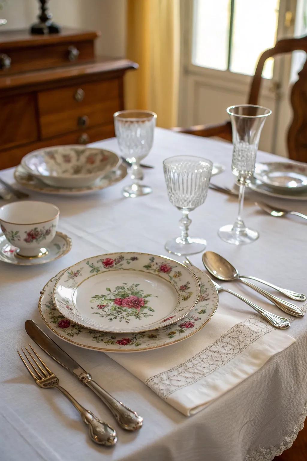 Heirloom tableware adds elegance and nostalgia to this dining setting.