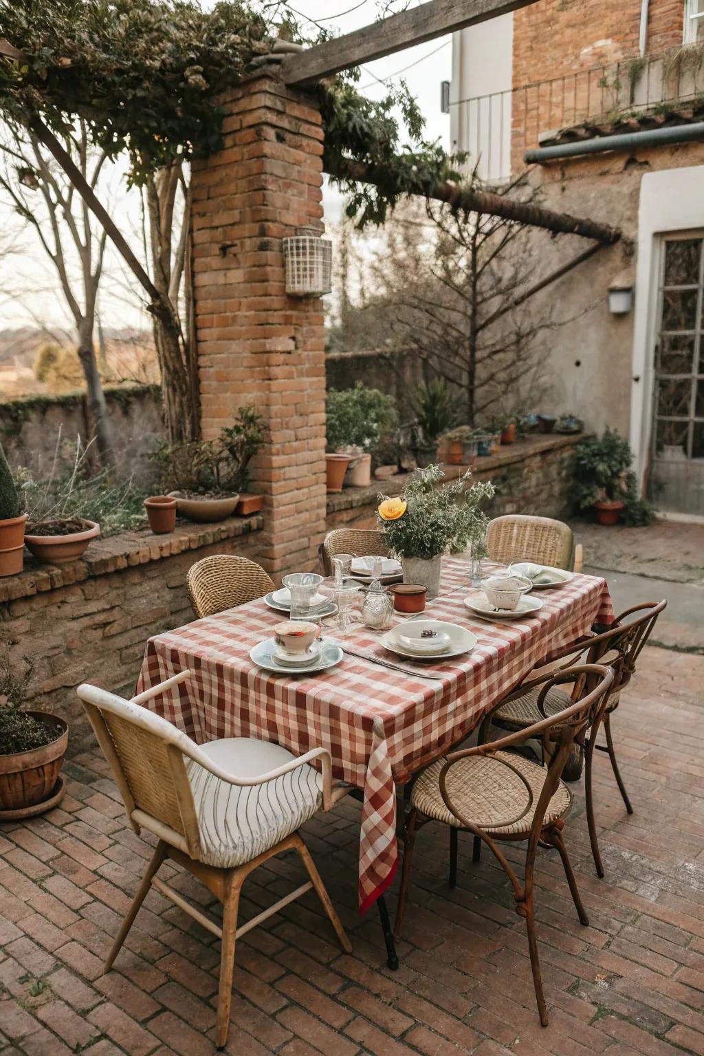 Retro dining setup creates a memorable alfresco experience on this patio.